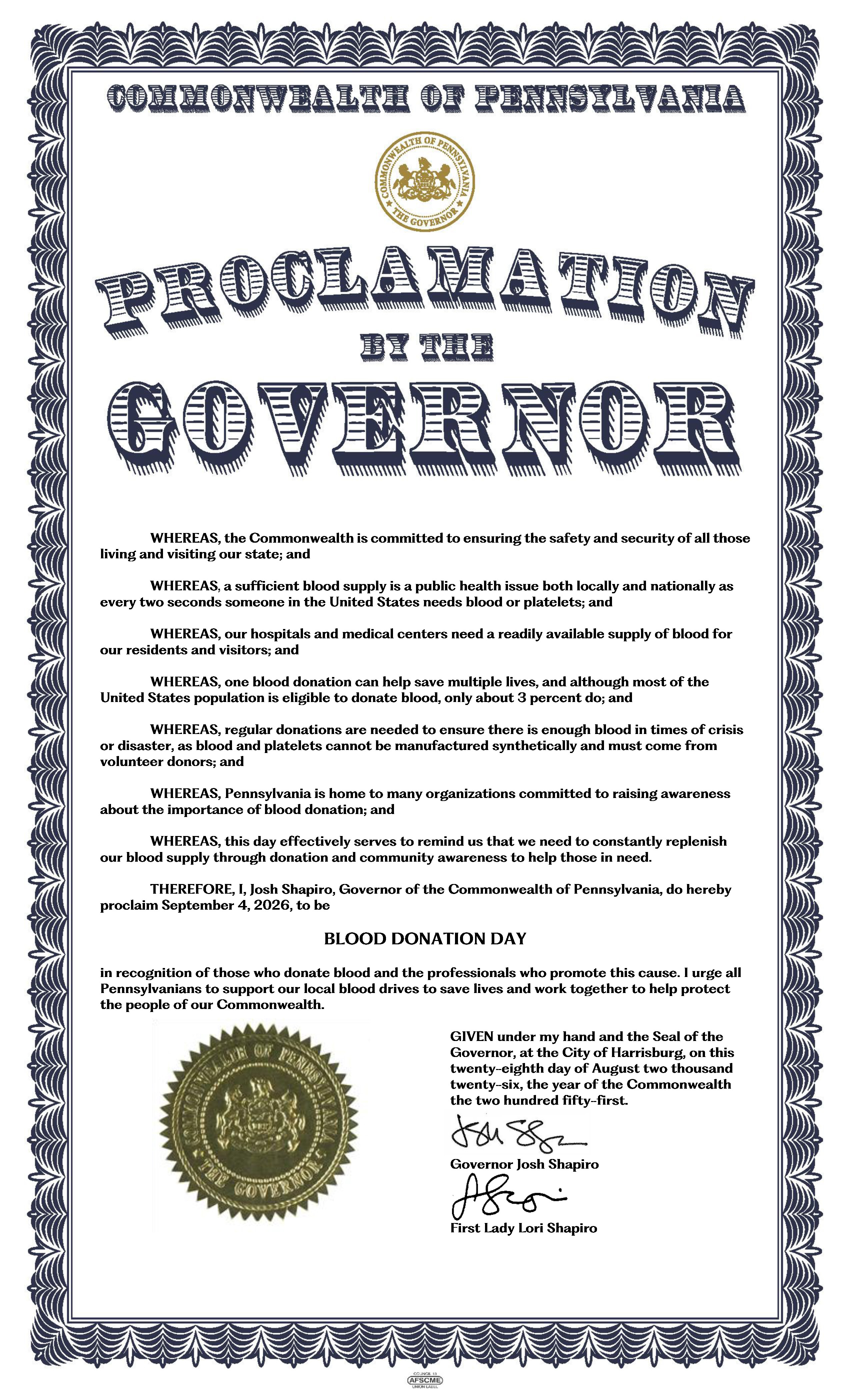 Governor Shapiro proclaims Sept. 4th ‘Blood Donation Day’ in Pennsylvania